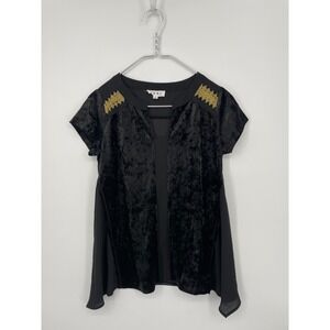 THML Blouse Small Black Velvet Gold Embroidered Asymmetrical Shirt